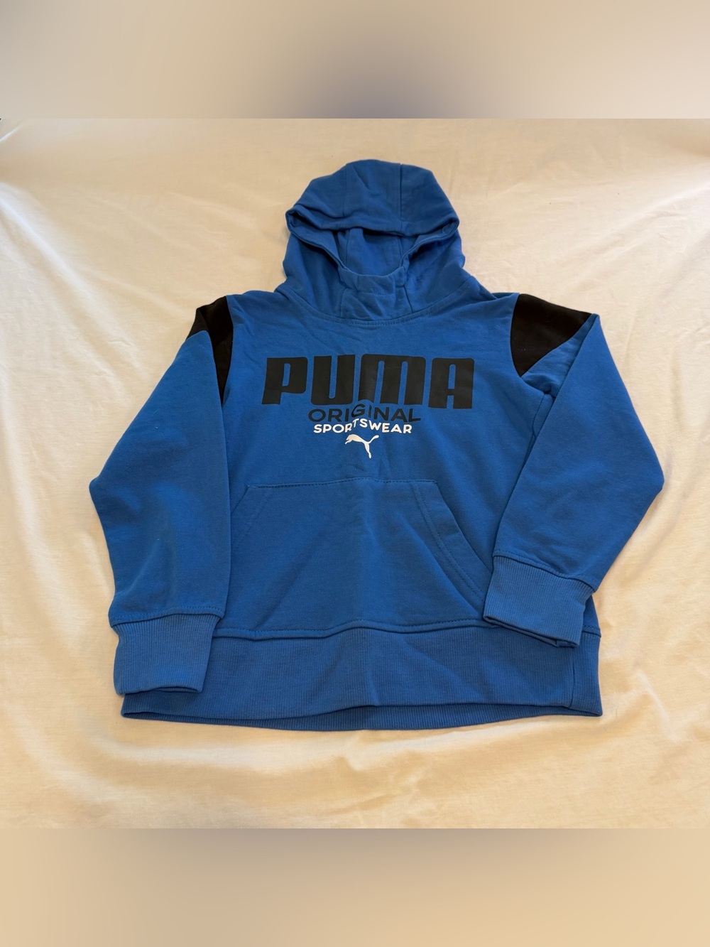 Puma Blue Hooded Kids Sweatshirt with Black Shoulder Panels Size S/8